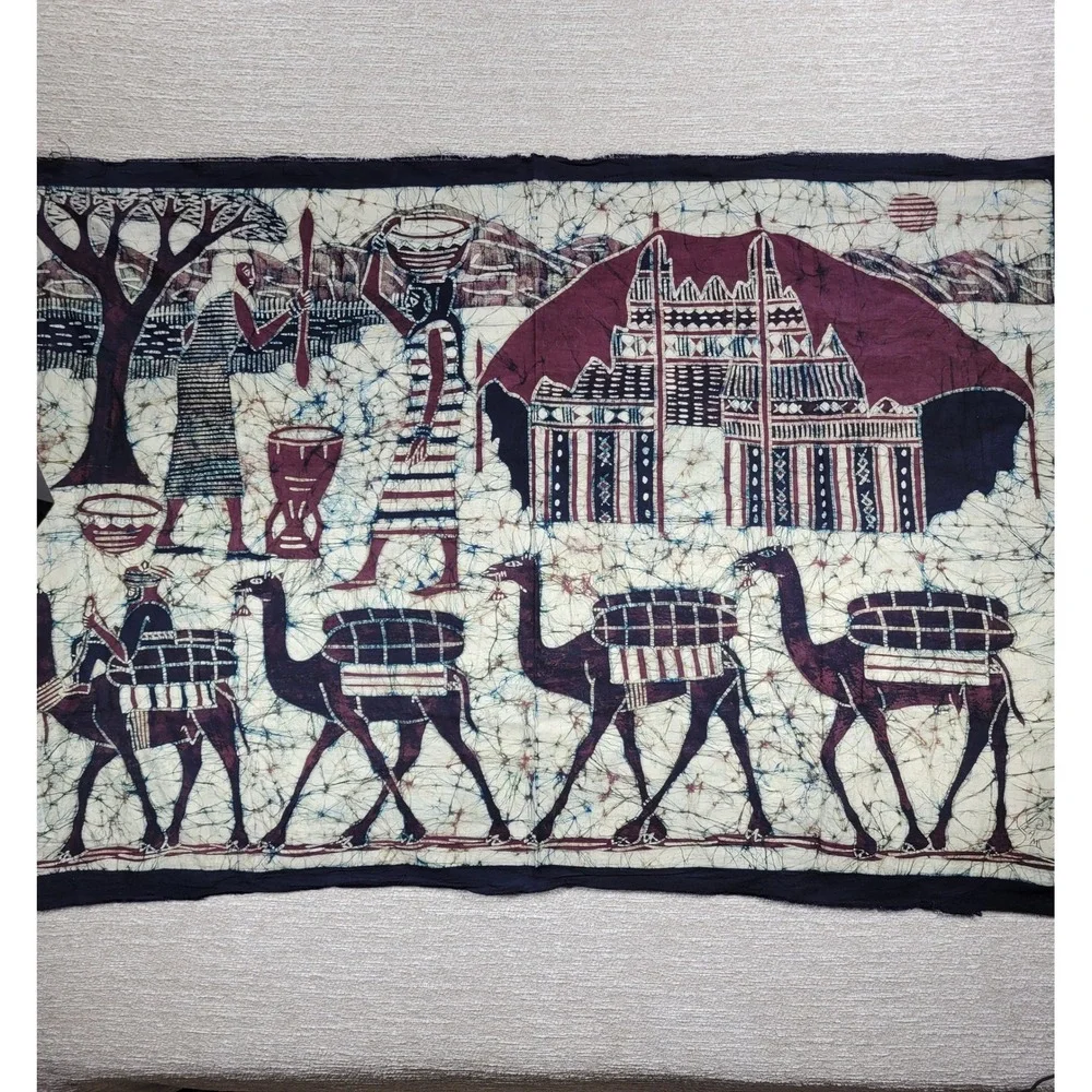 African Batik Dye Art Wall Hanging Camel Caravan Village Scene Tapestry Signed